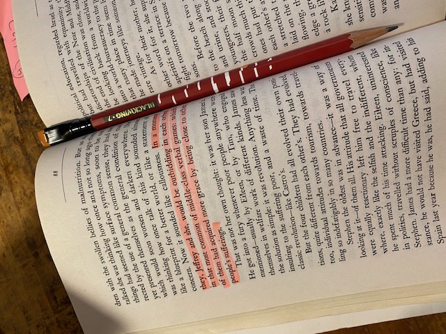 photo of open paperback copy of The Summer Before the Dark, with a burgundy pencil resting between the open flaps