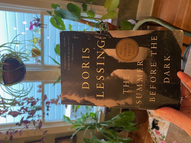 Hand holds paperback of The Summer Before the Dark by Doris Lessing in front of a window filled with houseplants. On the floor in the background, two cats snuggle each other.