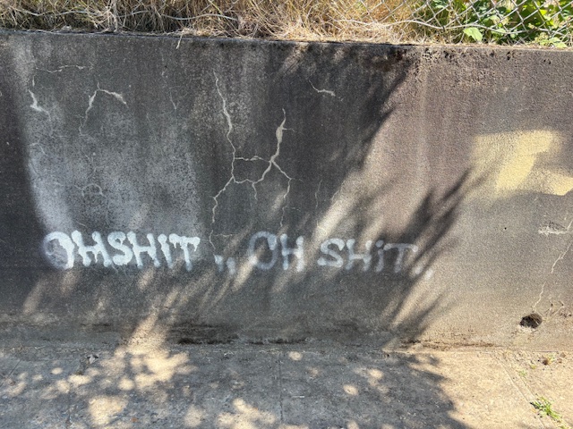 graffiti in white paint on a concrete wall that says OH SHIT OH SHIT